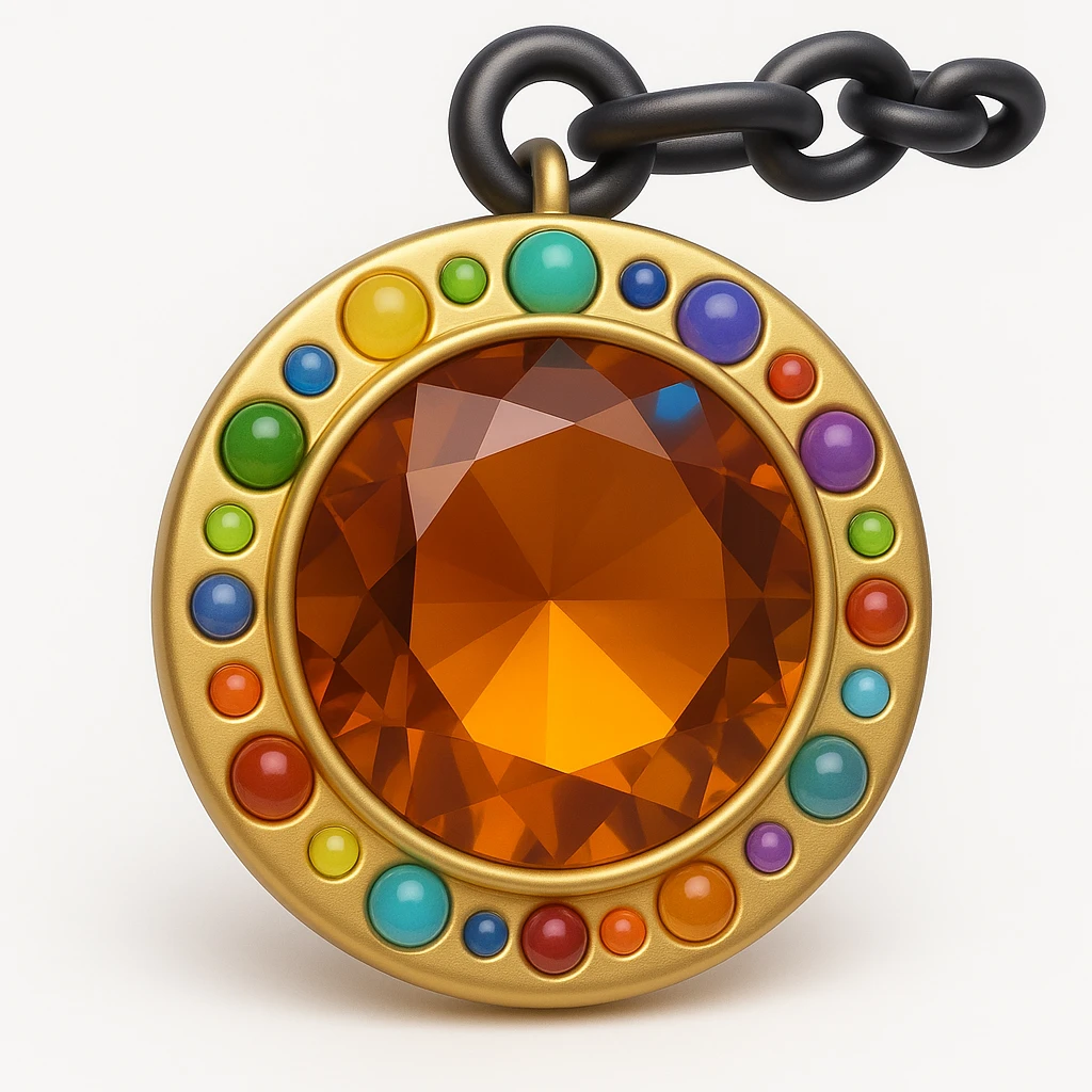 Transform this into a charm: add a black chain attached to the top and small colorful gemstone accents around the main amber gem, keep the 3D emoji style emoji