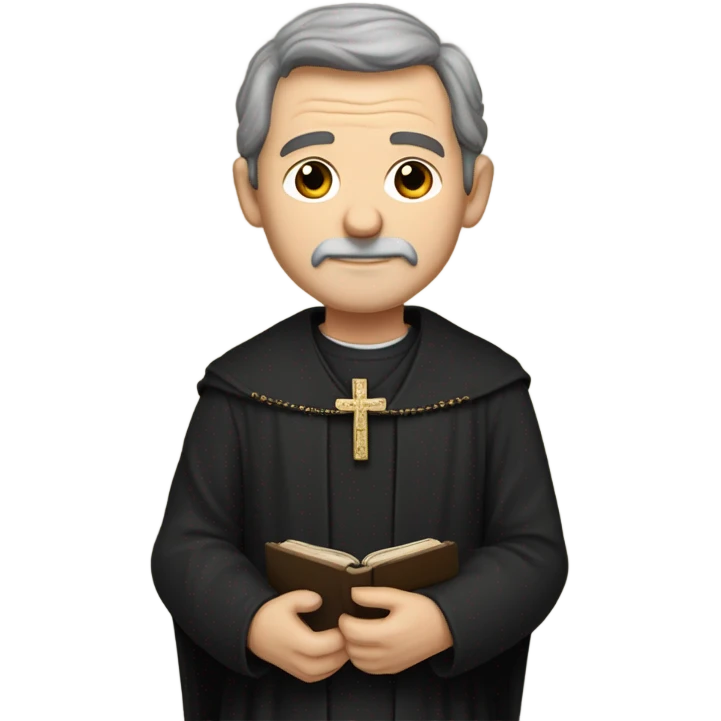 "An middle aged man with brown hair, a weathered face, and a solemn expression. He wears a black robe with a clerical collar and holds a Bible or rosary, standing in a modest church." emoji