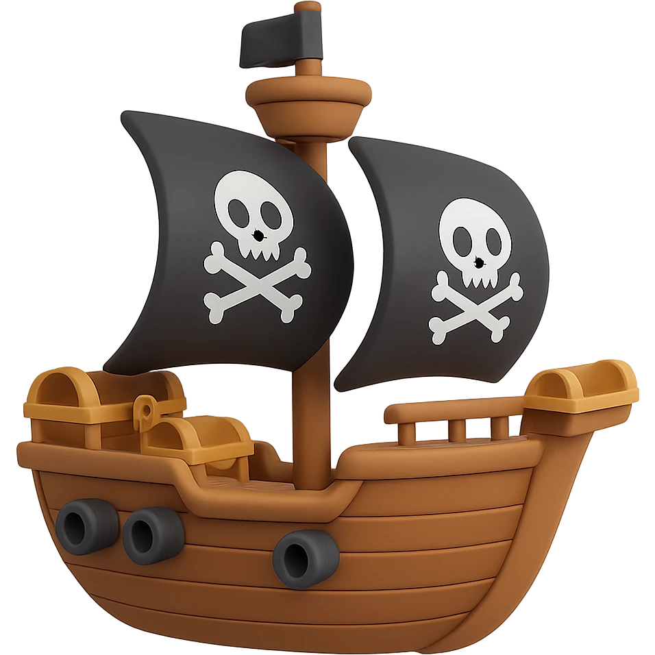 An adorable pirate galleon with black sails, cannons, and a treasure chest on deck emoji