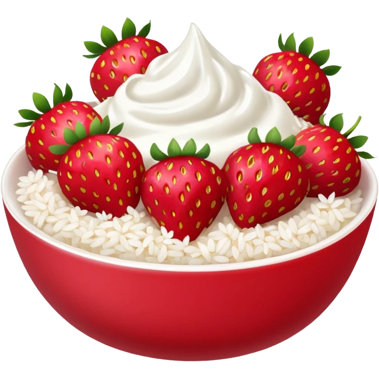 A bowl of strawberries with rice flakes and yogurt. emoji