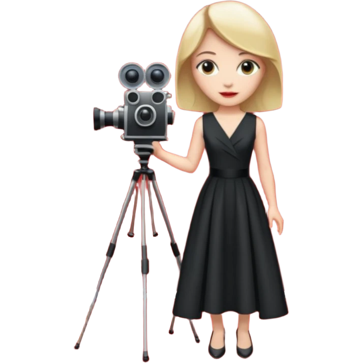 an actress standing on a red carpet with a formal dress, with only one movie camera on a tripod next to her. emoji