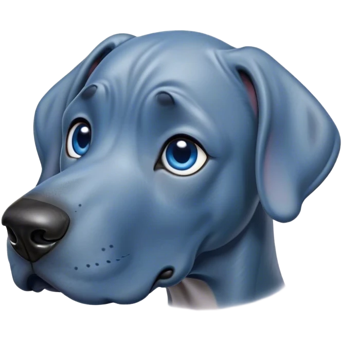 Cinematic Cute Blue Great Dane Portrait Emoji, Head tilted playfully and inquisitively, featuring a glossy blue Fur with a refined sheen, round, sparkling steel-blue eyes filled with curiosity, Simplified yet irresistibly adorable features, highly detailed, glowing with a warm, friendly glow, high shine, affectionate and gentle, stylized with a touch of whimsy, bright and endearing, soft glowing outline, capturing the essence of a mischievous yet loving pup, so playful it feels like it could lumber out of the screen and into your arms! emoji