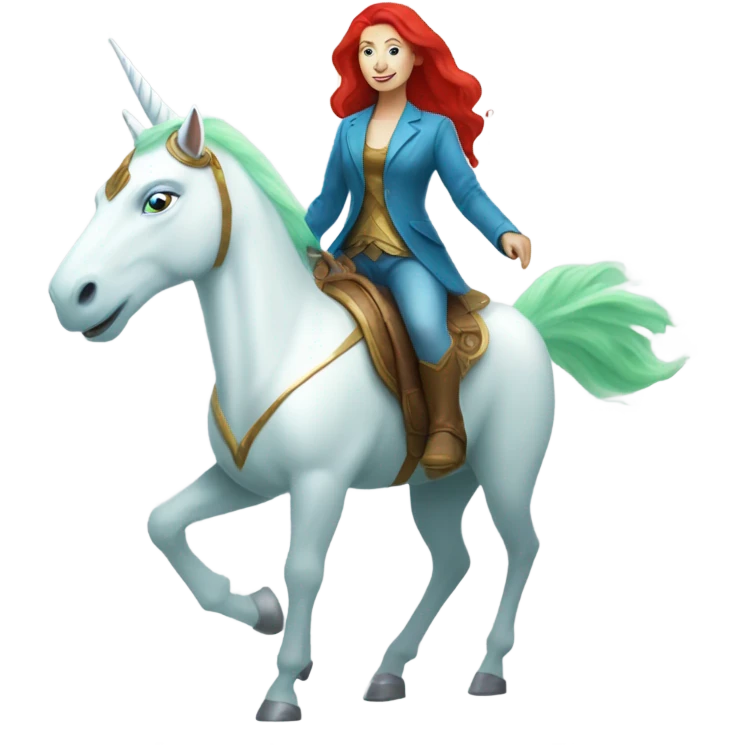 [(a light green Amazon alien woman with red hair with blue eyes) on a (four-legged white unicorn)] emoji