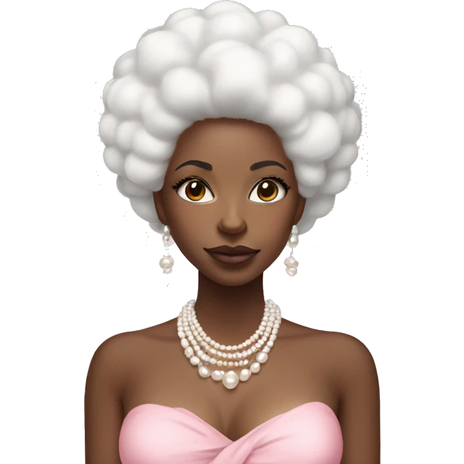 Black woman with white afro hair (with pearl hair accessories) and white coloured eyes. Wearing pearl necklaces and earrings with a pink flowy dress adorned in pearls emoji