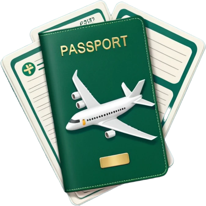 dark green passport with long white airline tickets sticking out, emoji style emoji