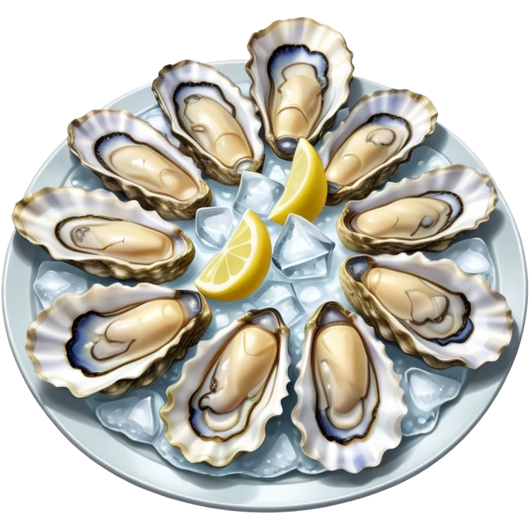 Cinematic fresh oysters on the half-shell, glistening with seawater, served with lemon wedges and ice, soft glowing highlights, elegant and luxurious. emoji