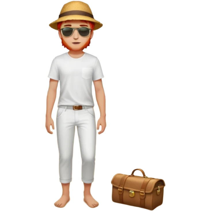 Chico moreno, joven ojos verdes,vestid camisa pantalón blancosplaya cuerpo entero, pelirrojo emoji