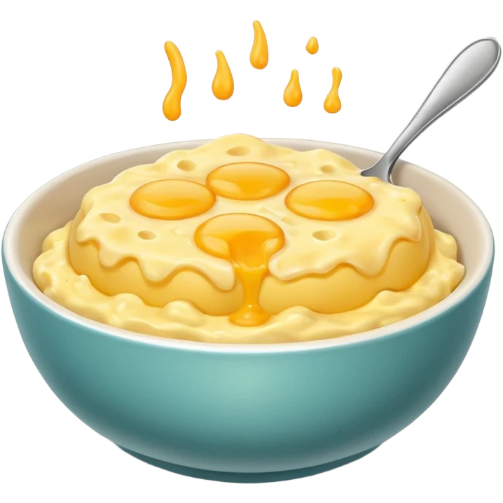 Scrambled eggs in a bowl with cheese and no eggs on top emoji