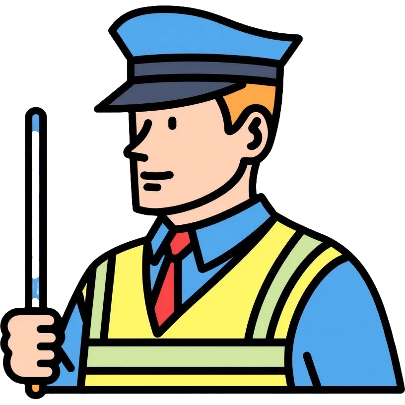 Russian traffic police officer with reflective vest, blue uniform, peaked cap, directing traffic with striped baton emoji