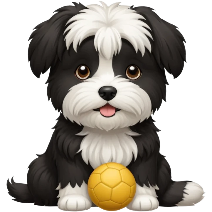 black and white Havenese dog standing with ball emoji