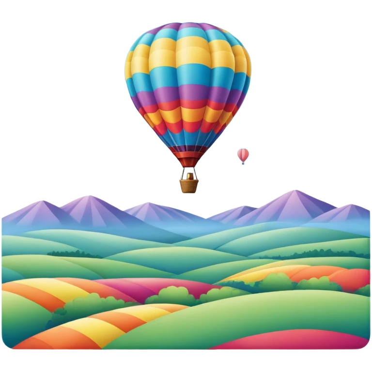 a clear sky and distant hills in the background with A colorful hot air balloon floating gracefully above the ground. The balloon's vibrant colors stand out against the soft clouds, capturing the peaceful yet adventurous spirit of hot air ballooning. emoji