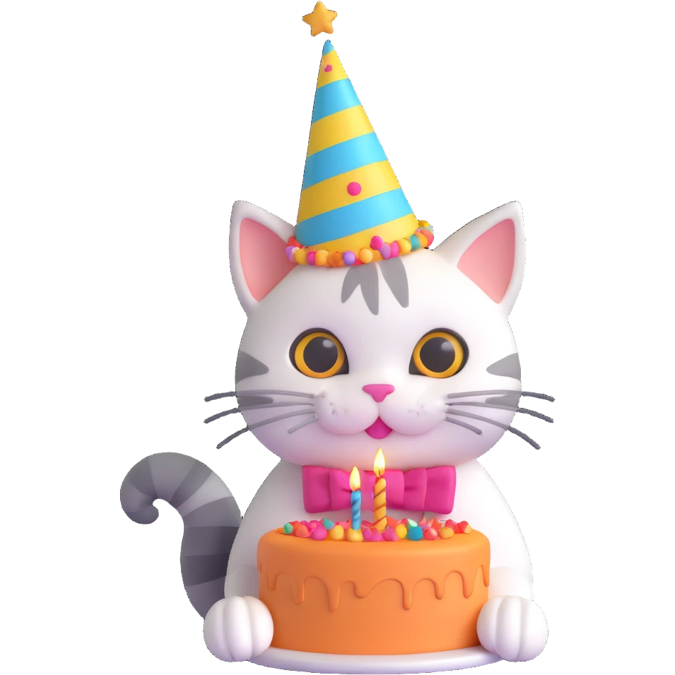 adorable cat with a party hat, clutching a birthday cake, colorful and playful emoji
