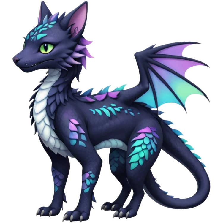 Kawaii black pastel iridescent beautiful pretty elegant divine edgy fantasy feline-vernid-sergal-Haku-dragon-fursona animal creature, full body with intricate markings  emoji