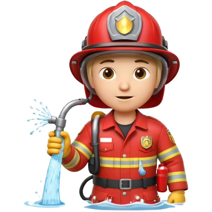 A 3D Apple-style emoji character dressed as a firefighter in a bright red uniform and helmet, holding a fire hose spraying water forward, determined expression with cartoonish eyes, water splashing effect, clean minimal background emoji