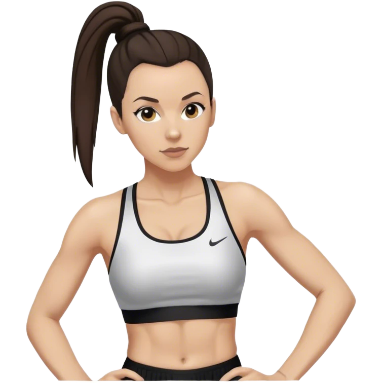 Melanie chisholm with a dark brown high ponytail wearing a sports bra and a track pants emoji