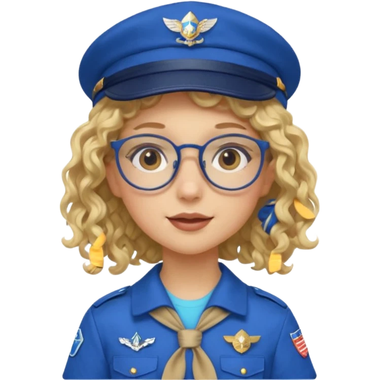 scout girl with blue scout uniform including hat, blonde curly haired and glassess emoji