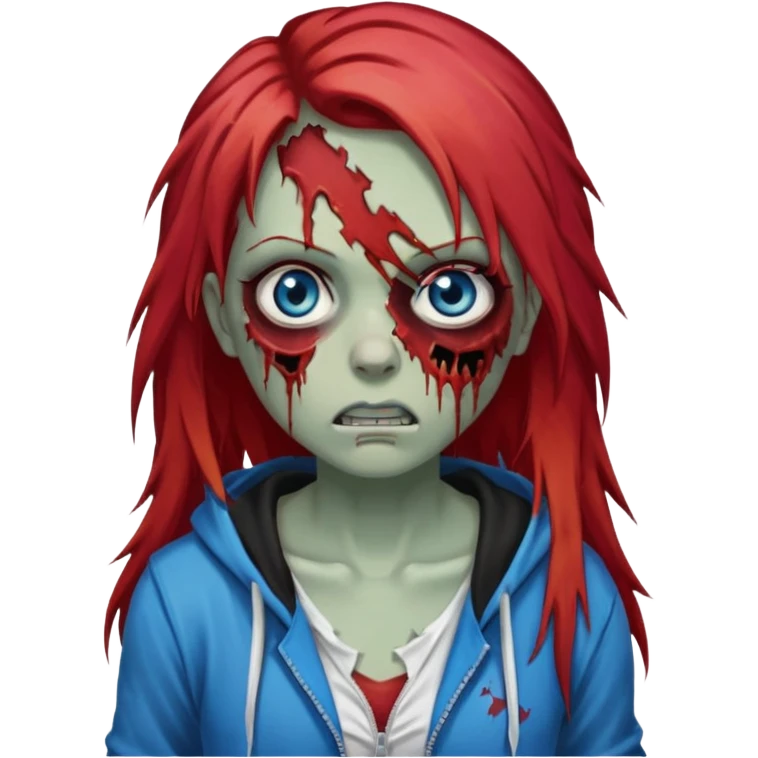 сделай рыжую девушку зомби с избитым лицом, не в полный рост, пусть ее рыжие волосы будут ниже груди с осветленными прядями, глаза у нее будут голубые, а одета она будет в дранную белую майку и черную зип худи emoji