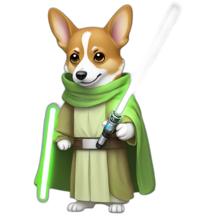 Corgi dress as yoda with one light saber green emoji