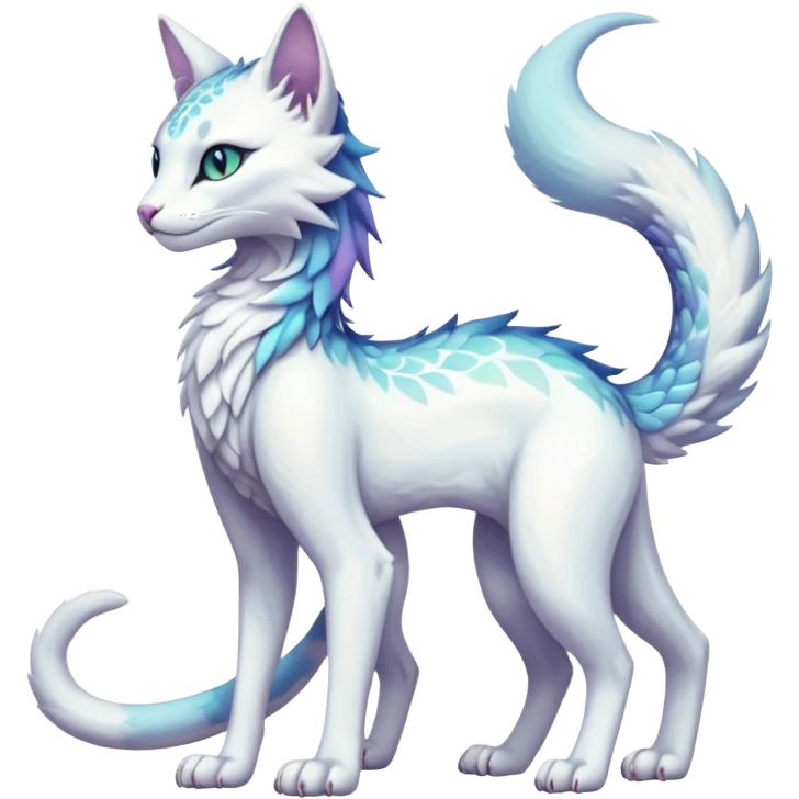 Kawaii white iridescent beautiful pretty elegant divine edgy fantasy feline-vernid-fionbri-sergal-fursona animal creature with a tufted tail full body with intricate markings  emoji