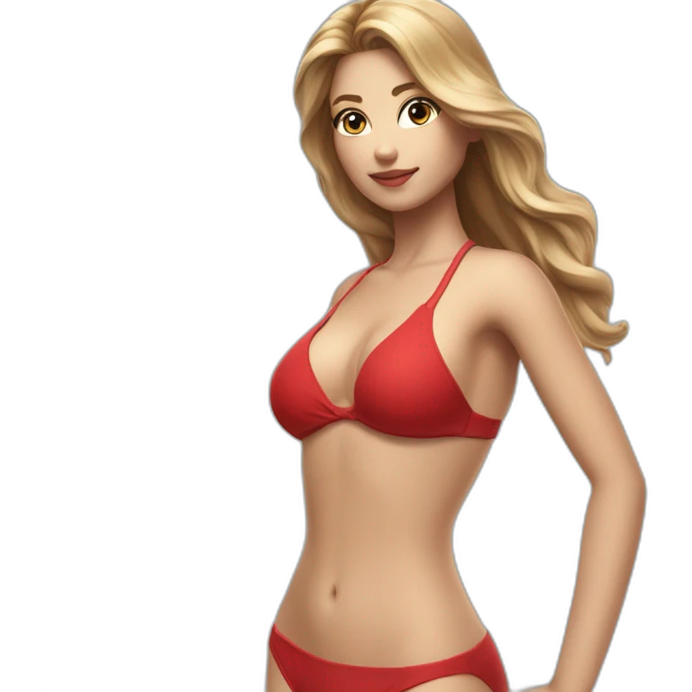 Sexy pose soft curvy woman Dark blond hair blue eyes red bikini (beach body) realism emoji