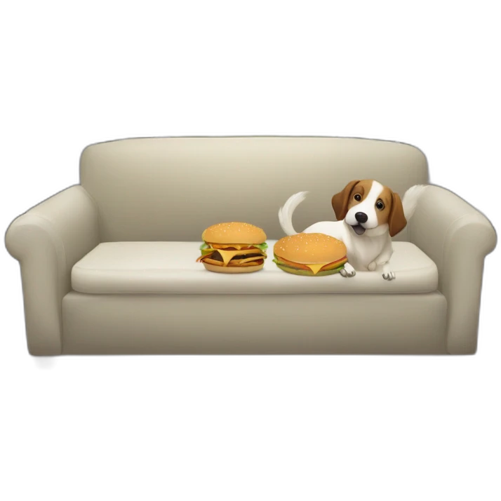 chien qui mange un hamburger avec un chien sur le canapé dans une maison avec une fenêtre en arrière plans  emoji