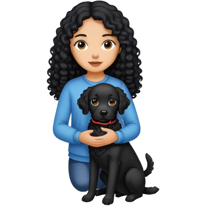 A girl with long black curly hair is holding a black Labrador. emoji