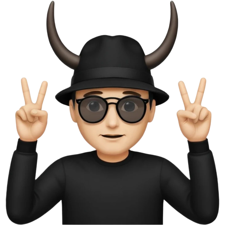 man dressed in black with dark glasses black Lens and a black hat making the horns gesture with both fingers hands emoji