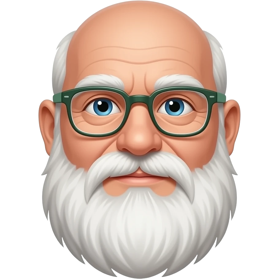 75 year old, white, bald, 300 pound, man with a full white beard from bottom of ear lobe and thin framed glasses with green side arms emoji