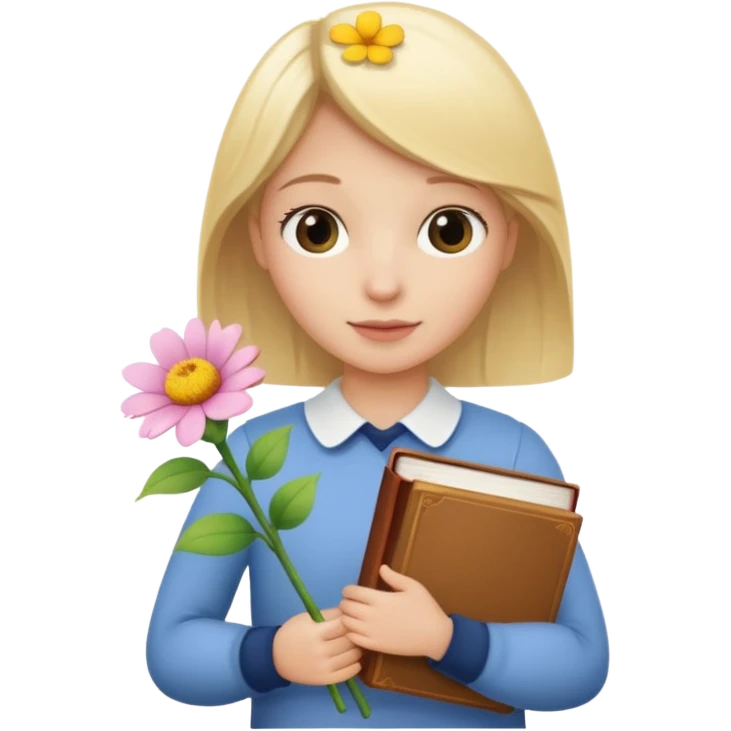 The blonde holds a stack of books + flower emoji