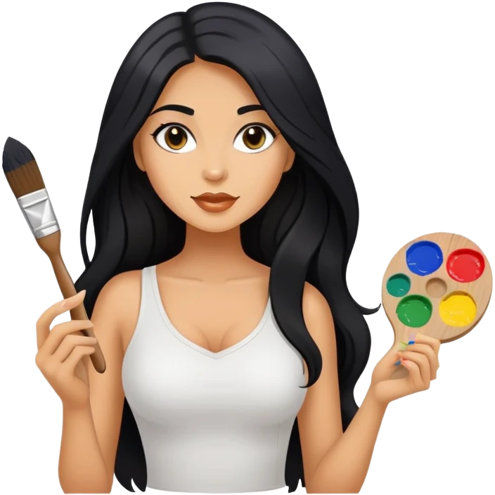 painting, easel, master piece, artist, long black hair tanned woman, paint pallet colors and paint brush, sexy emoji