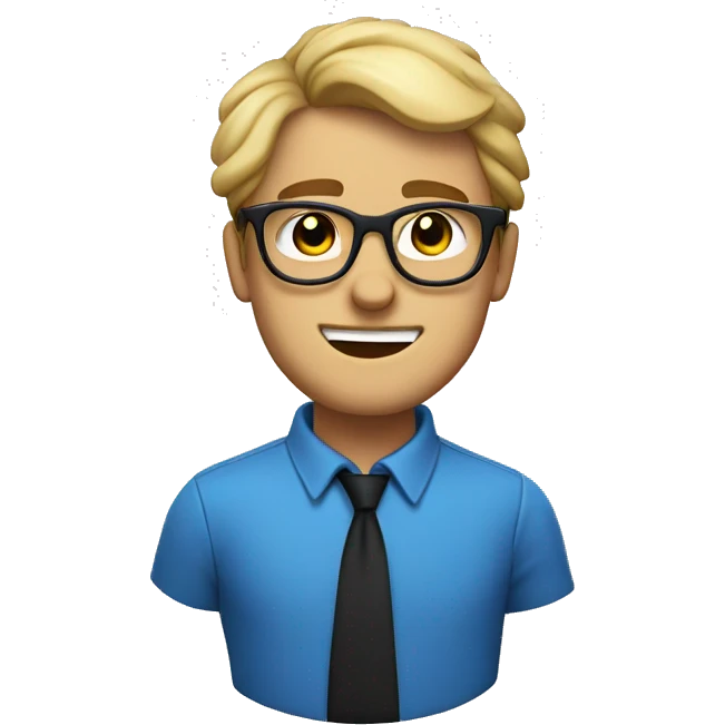 a nerd, with dirty blonde hair, blue and black glasses, with a devious smirk on his face emoji