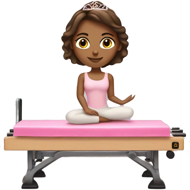 Latina girl with brown hair doing Pilates on reformer with pink tiara and ballet wrap emoji