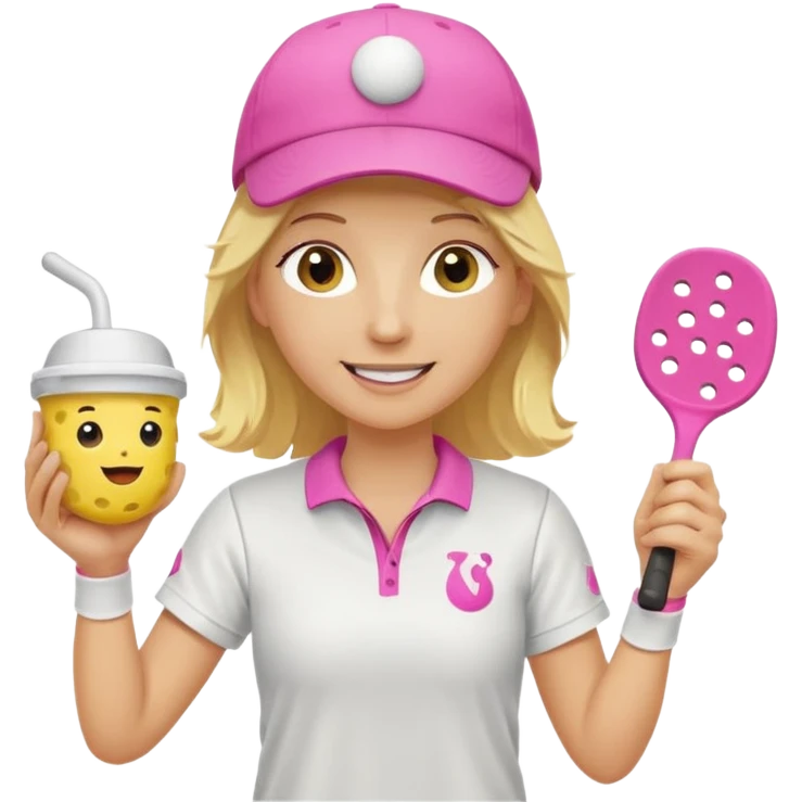 Happy Yellow Pickle Ball with blond hair, wearing a white baseball cap. holding a pink pickleball paddle in one hand and cup of coffee in the other hand. emoji