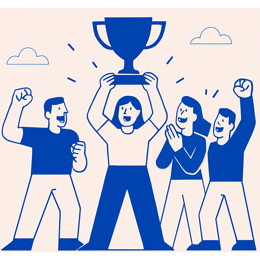 winning team holding a trophy, simple blue illustration, minimalist with bold flat blue colors and clean lines emoji