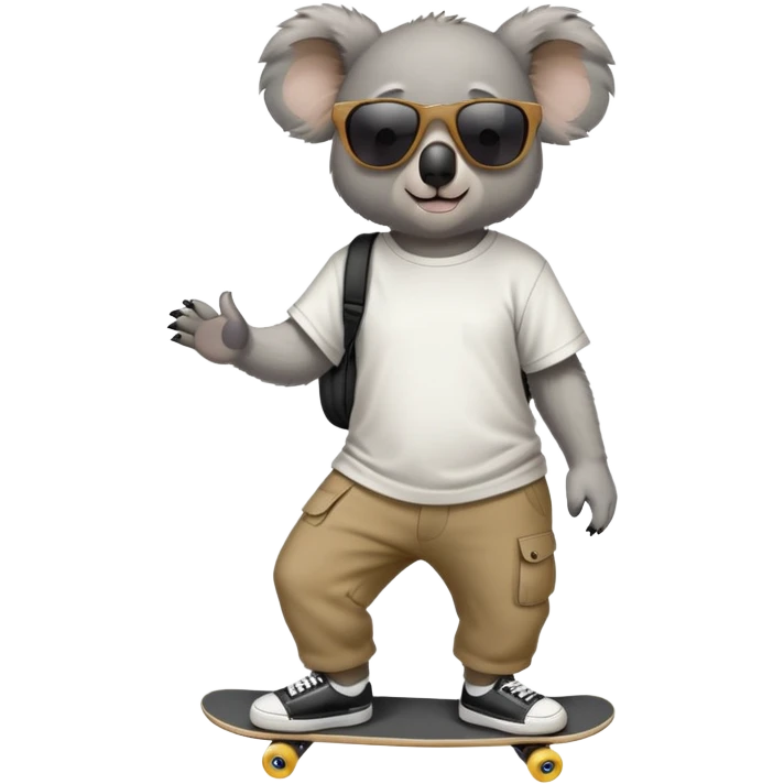 anthropomorphised koala in skater outfit with dark sunglasses walking upright, relaxed pose emoji