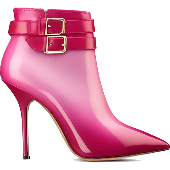 Hyper Realistic isolated top view of a pair of raspberry color to light pink ombre Jimmy Choo stiletto ankle bootie boots.  emoji