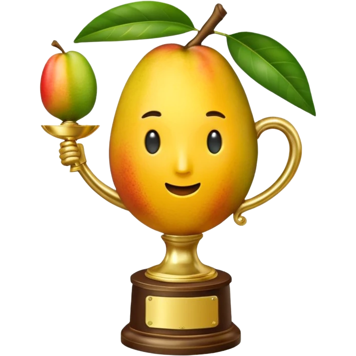 apple style emoji, trophy with a mango as the main cup, has a leaf and arms, no face emoji