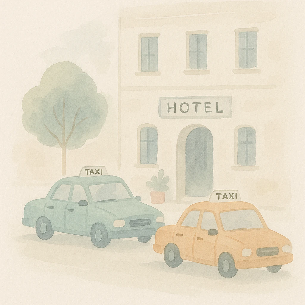 soft watercolor illustration in a minimalist modern style, scene showing taxis in front of a hotel, pastel colors, delicate linework, gentle whimsical mood, minimal soft shading emoji