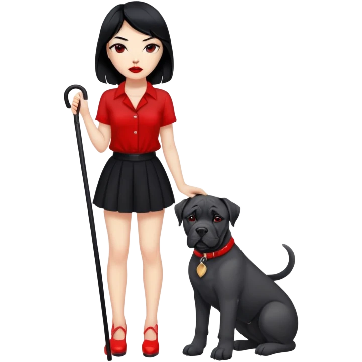 Fashionable girl with black hair and red lips with a Cane Corso dog emoji
