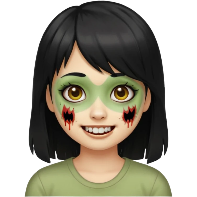 Girl with black hair and raccoon blonde streaks, bangs, light skin, zombie version, pale green skin, emoji style. emoji