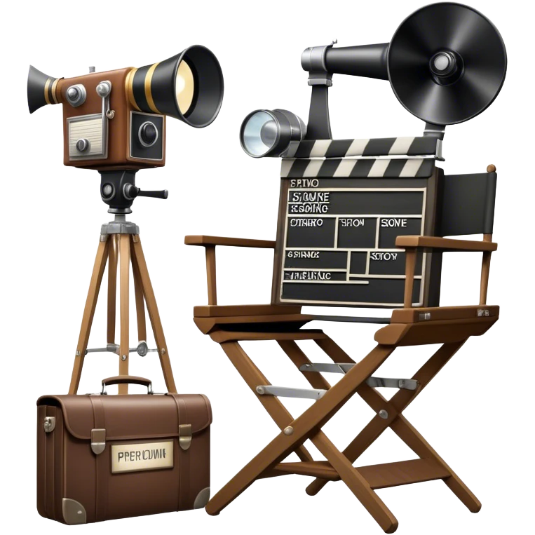 Icon for Directing: a director's chair, a film clapperboard, large movie camera, vintage megaphone and a stage with a spotlight. The icon should represent the creative and organizational aspects of directing, with focus on storytelling, staging, and performance. Transparent background. emoji