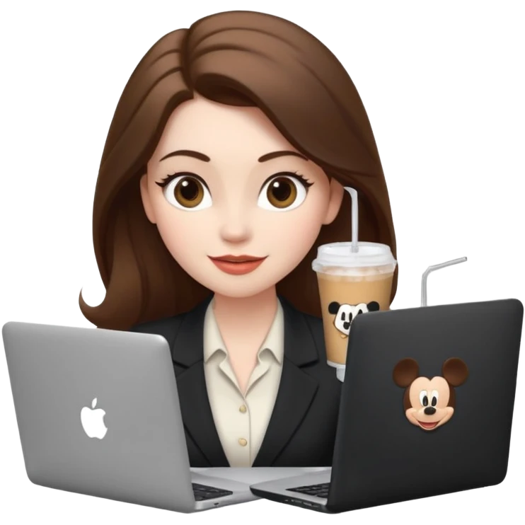 Women in front of one laptop that has a Mickey sticker on it, with a happy face, face a little fuller, lips plump, full eyebrows, long brown hair, light brown big eyes, light pale skin with a iced coffee on the side, business attire, who is typing emoji