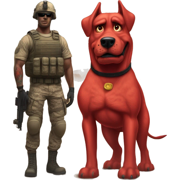 Desert storm humanoid Clifford the big red dog muscled with tattoos on arms book illustration as a military call of duty character standing alone with submachine  emoji