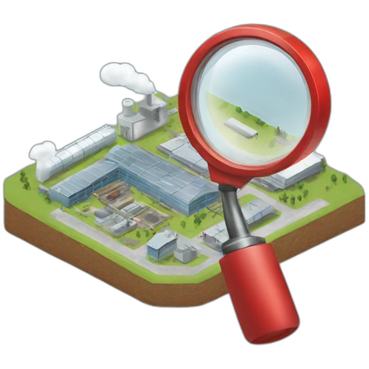 red magnifying glass looking at a factory emoji