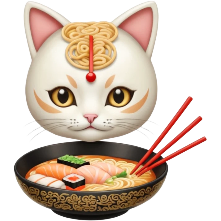 Maine coincide cat orante anda White, With a ramen, anda a clip With sushi form on the head emoji