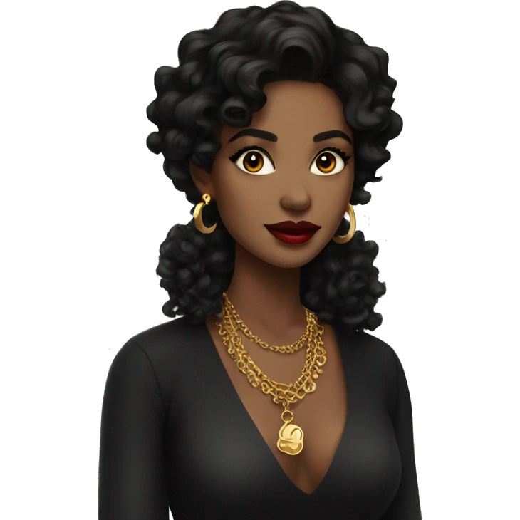 girl with medium wavy curly black hair, dark eyes, gold earrings and necklace and bold lips emoji
