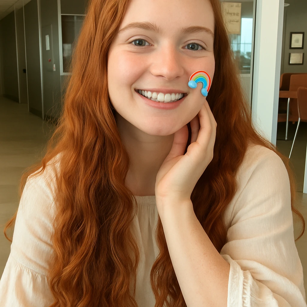 21 years old girl with red head using sticker emoji
