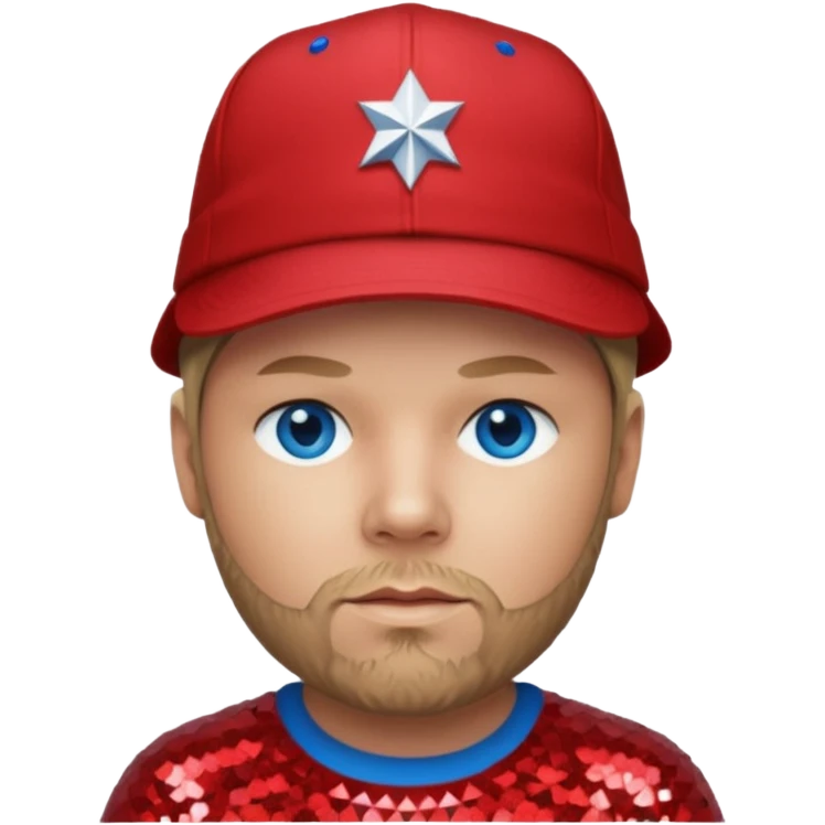 Fred Durst with dark blonde hair, red sequin shirt and hat, blue eye emoji