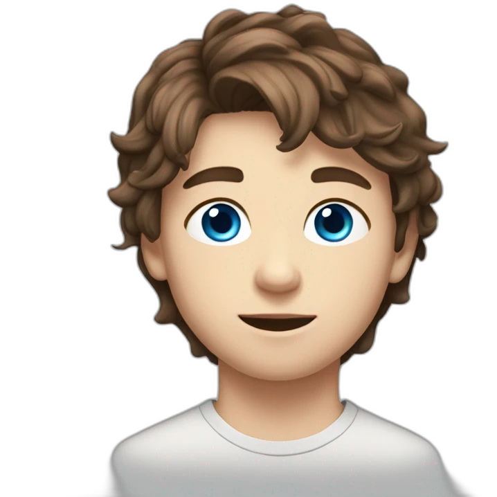 14 year old boy with brown hair going forward and messy in the front with blue eyes and is very handsome emoji
