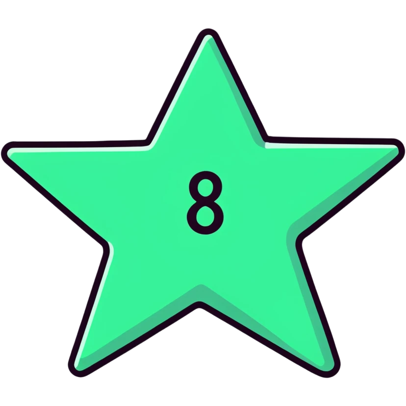 five-pointed star with the number 8 centered inside, cartoonish sticker style emoji